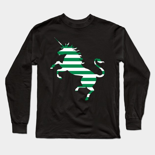 Glasgow Celtic Football Club Green and White Hooped Unicorn Silhouette Long Sleeve T-Shirt by MacPean